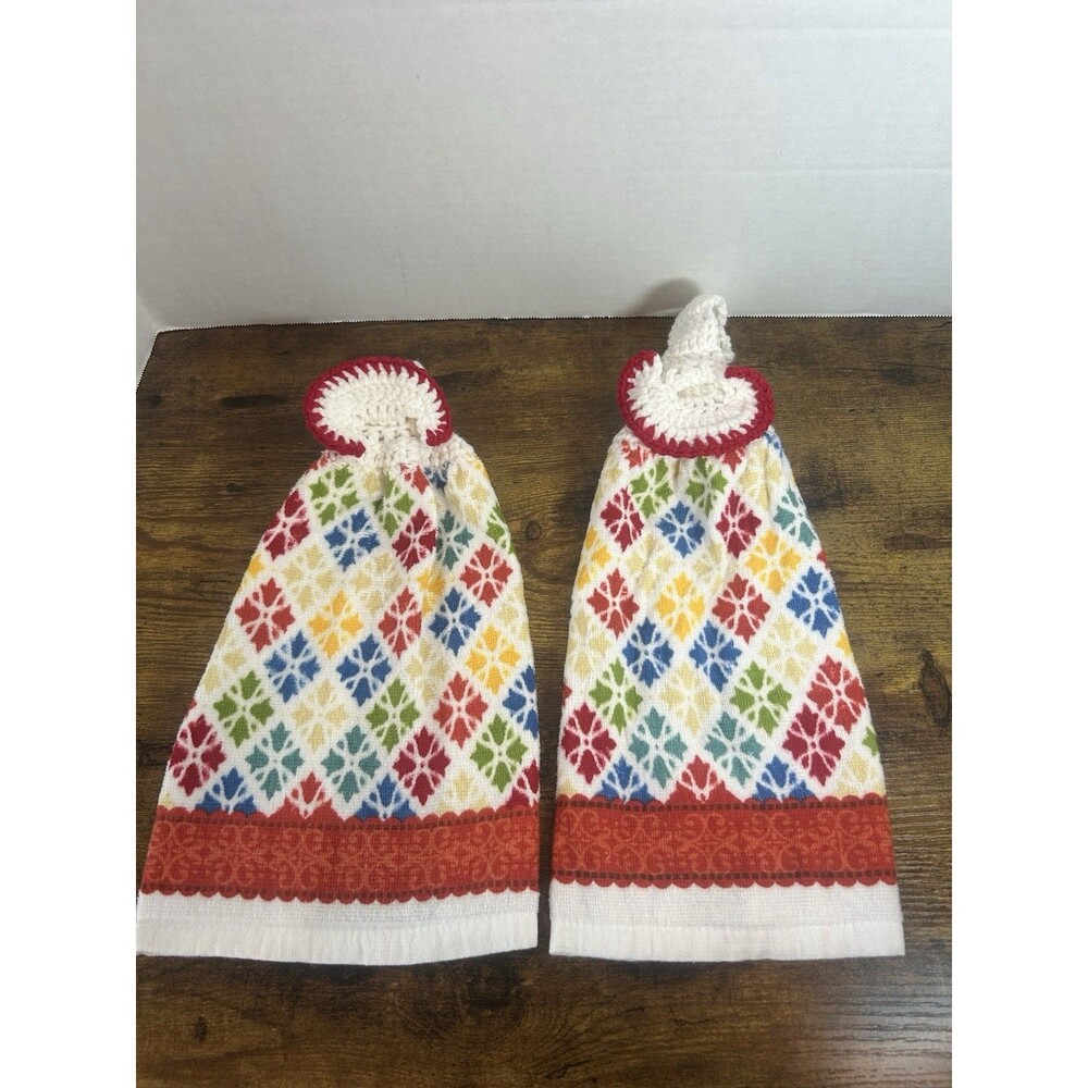 Set 2 Crochet Top Hanging Kitchen Towels Colorful Nordic Farmhouse Decor - Picture 2 of 11